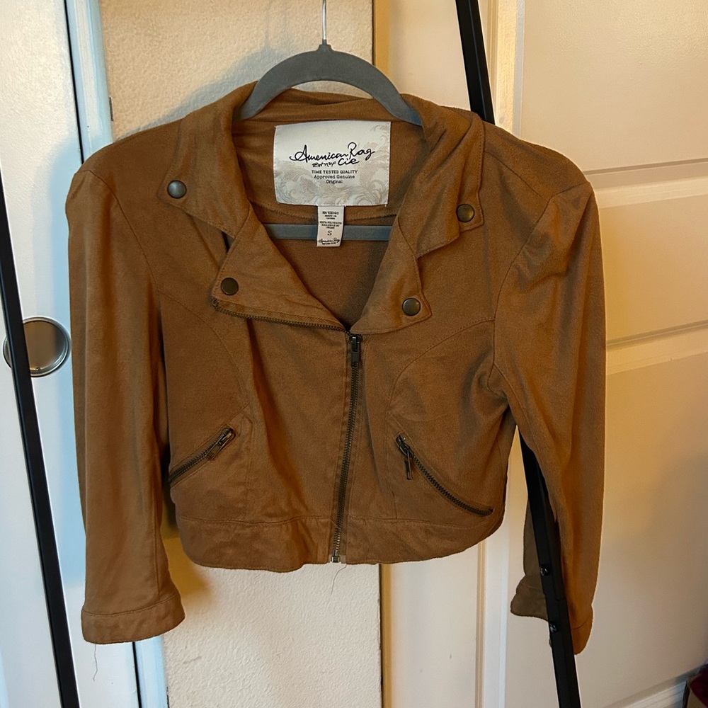 Vintage American Rag Tan Bomber Jacket with Zipper Accents